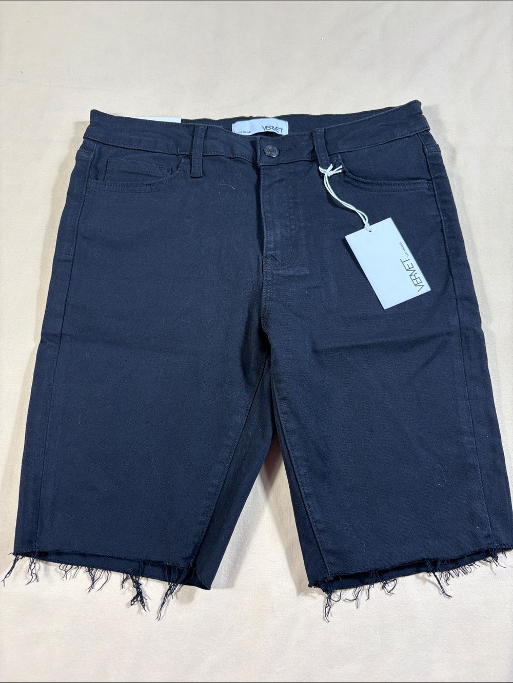 NWT VERVET Valerie Black Frayed Raw Hem Denim Bermuda Shorts